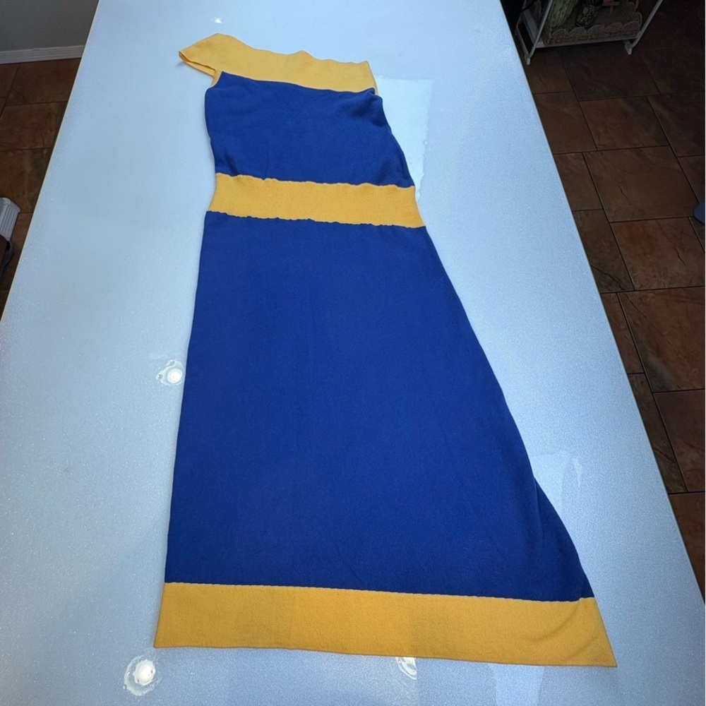 Victor Glemaud Dress Mustard & Blue Off The Shoulder Cotton Cashmere Blend